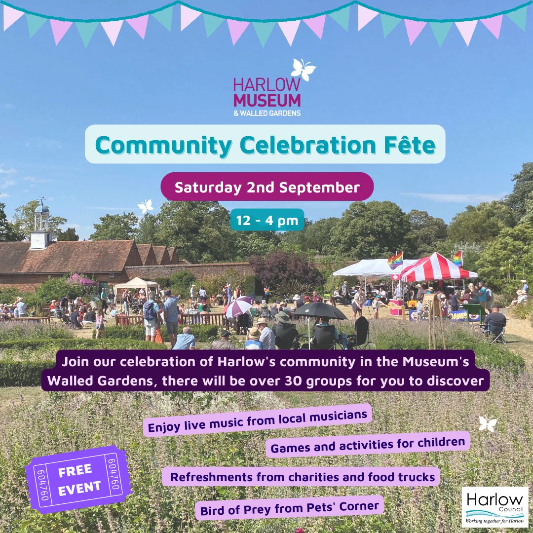 HarlowMuseum's tweet photo. Only two weeks until Harlow Museum's Community Celebration Fête. Join us in the Walled Gardens on 2nd September from 12 – 4pm. Discover 30 community groups, enjoy live music, refreshments and a bird of prey from Pets’ Corner!

#HarlowMuseum #Harlow #HarlowEvents #BigUpHarlow https://t.co/7hFlKTNJ5h
