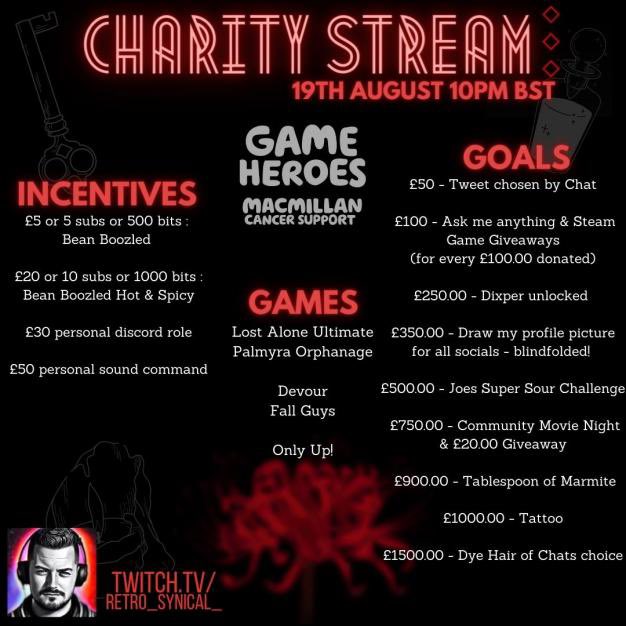 Todayyyy is the day!! In 7 hours time at 10pm BST I start our 24 hour stream! For Macmillan Cancer! Come and join in all the fun and games and challenges we have planned! 

I’m so excited to raise money for this amazing cause! 🥰 

#gameheroes <a href="/macmillancancer/">Macmillan Cancer Support</a>  #twitch #charity