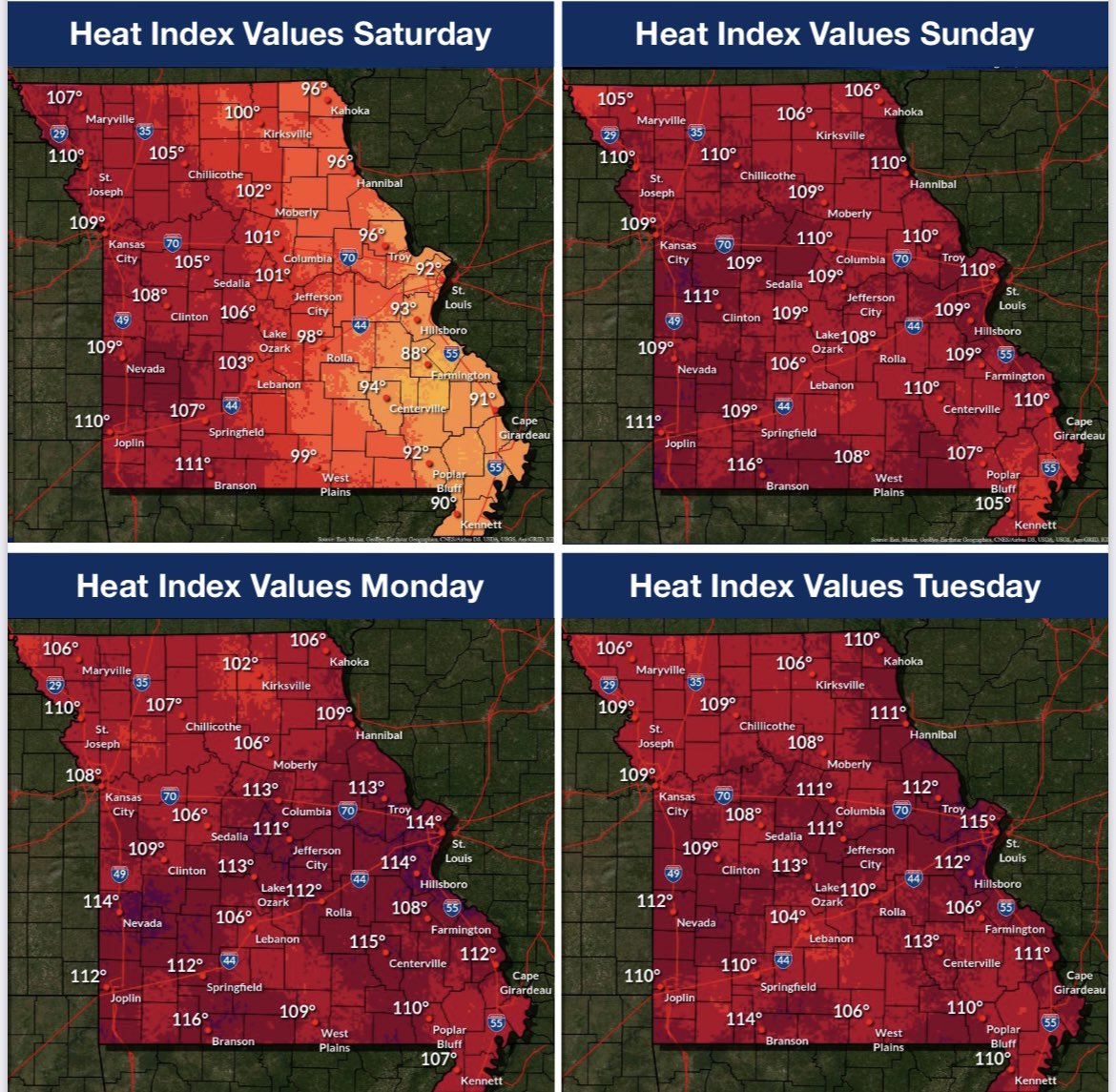 MoSEMA_'s tweet photo. ‼️ Dangerous heat wave hitting MO! ‼️

Excessive heat will take hold today &amp; last into next week with indexes above 105-110 over several days. The longevity of this heat is a concern. Please take precautions &amp; limit outdoor exposure as much as possible. Stay safe &amp; stay cool! https://t.co/CiqLzJsygZ