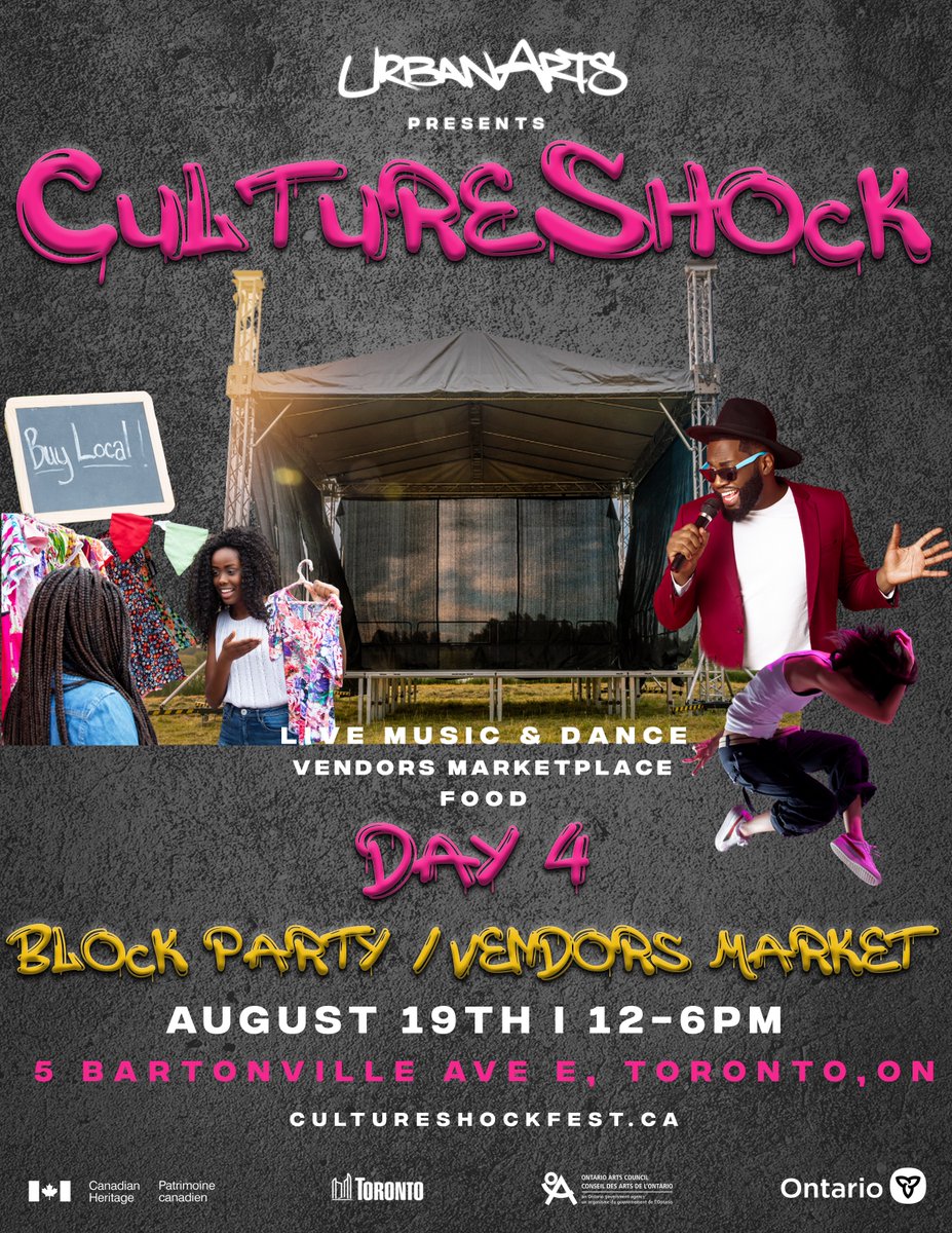 🎉 Block Party w Omega Mighty and incredible line up cultureshockfest.ca
🗓️ Aug 19 | ⏰ 1-6pm | 📍 5 Bartonville Ave. E.
🎈 Enjoy electrifying performances, free food, and a dance party! Don't miss this unforgettable celebration. 🎶🎨 #GrandFinale #CommunityArts #OmegaMighty