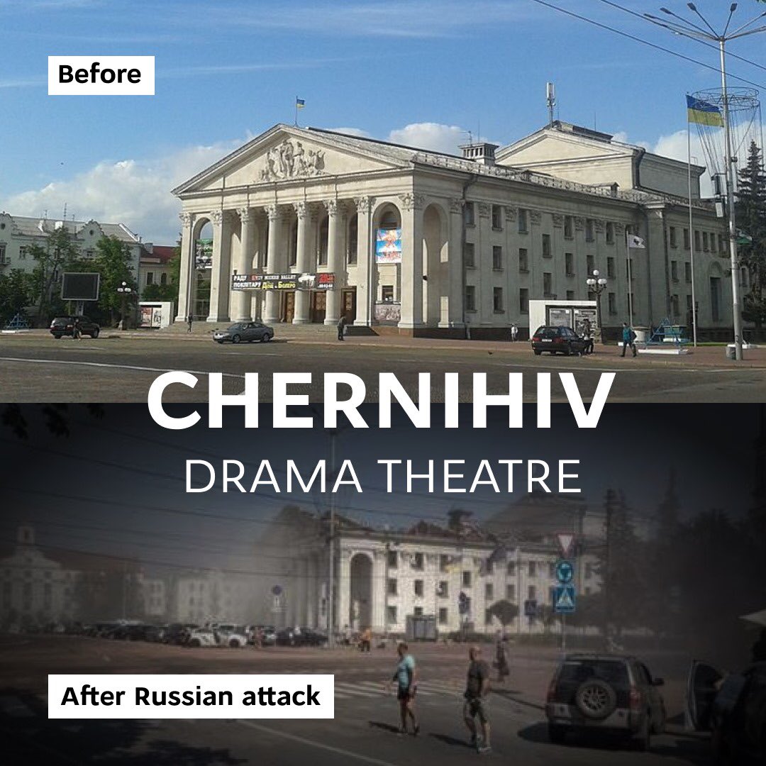 #RussiaIsATerroristState #Chernihiv after #russian missile hit the city center. As of now 7 people killed & over 90 wounded, among them 11 children. All #RussiaWarCrimes must be stopped & war criminals brought to account. #ArmUkraineNOW to save innocent lives.