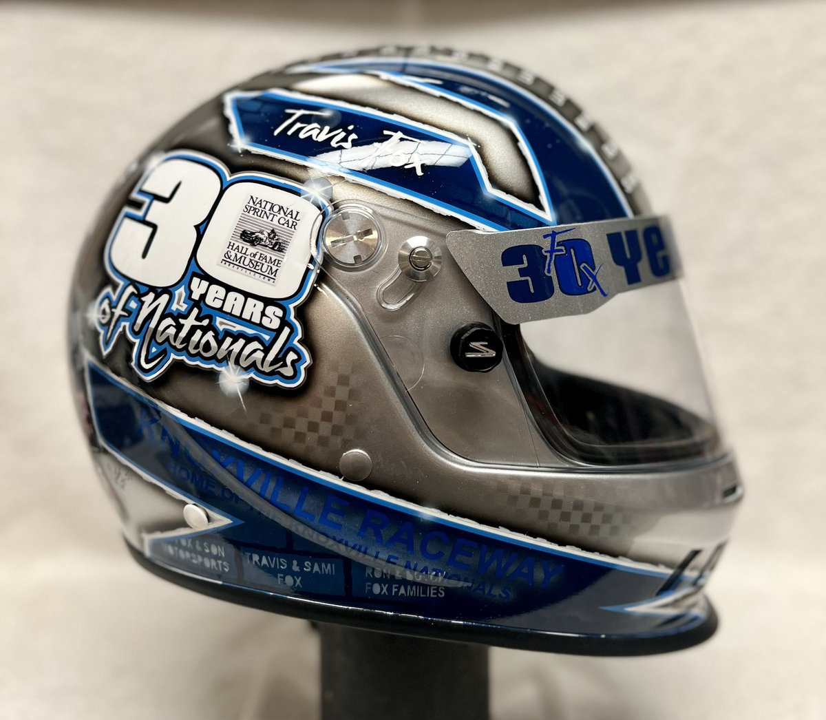 HelmetHead_D's tweet photo. Delivered to @knoxvilleraces was @foxman14 commemorative 30 years of Nationals helmet. Travis attended his 30th consecutive Knoxville Nationals this year and his wife had us do a helmet     Cool to get as many memories and important things about Knoxville on the helmet. Congrats https://t.co/vxws04pHRn