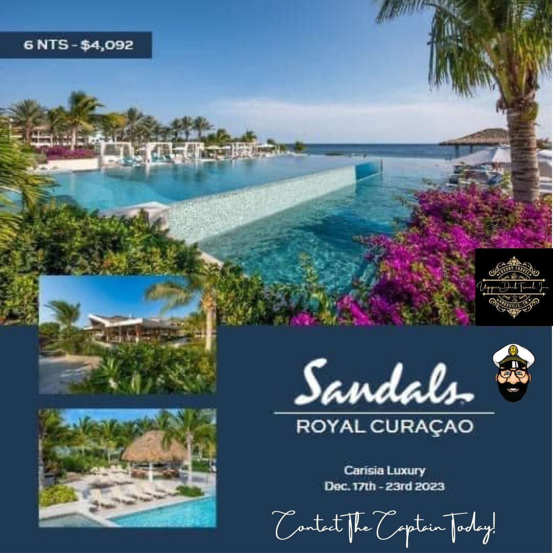 🏝️✨ Get set for a paradise like never before at Sandals Royal Curacao! 🌞🌊 Traveling on Dec 17-23, 2023, this resort redefines luxury. Call The Captain Today! #SandalsRoyalCuracao #LuxuryGetaway #BookNow #CaribbeanBliss #TravelGoals