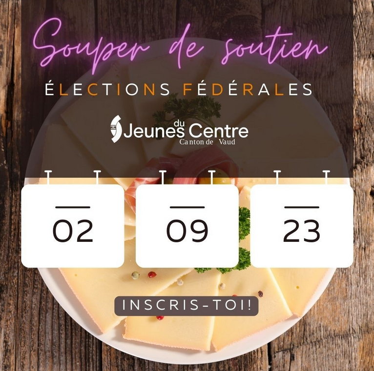 AYPOLITIQUE's tweet photo. Raclette illimitée au Souper de Soutien des Jeunes du Centre Vaud le 2 septembre ! 
@jdcVaud @LeCentreVaud @DieJungeMitteCH @Mitte_Centre 
https://t.co/CwMYBIX5yA https://t.co/1UUYluAfg1