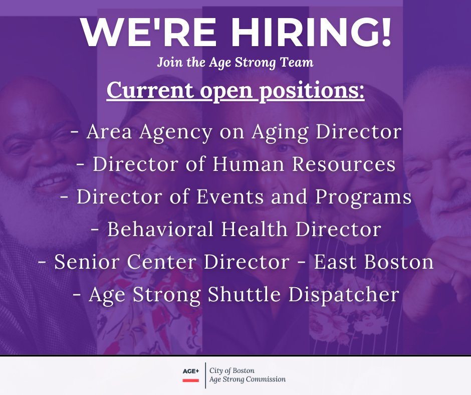 Did you know that Boston’s Age Strong Commission is hiring? Join our Age Strong team &amp; help improve the lives of Boston’s older adults. There are a variety of open positions - view the full list of job descriptions here- careercenter-boston.icims.com/jobs/intro