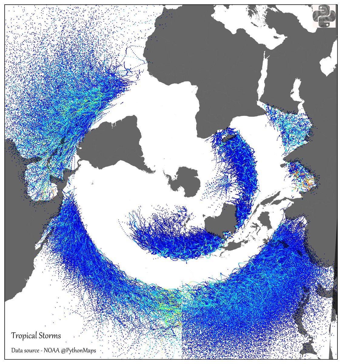 Here are the world's tropical storms over the last 100 years, plotted with a fun projection. #Hurricane #Python #DataVisualization
