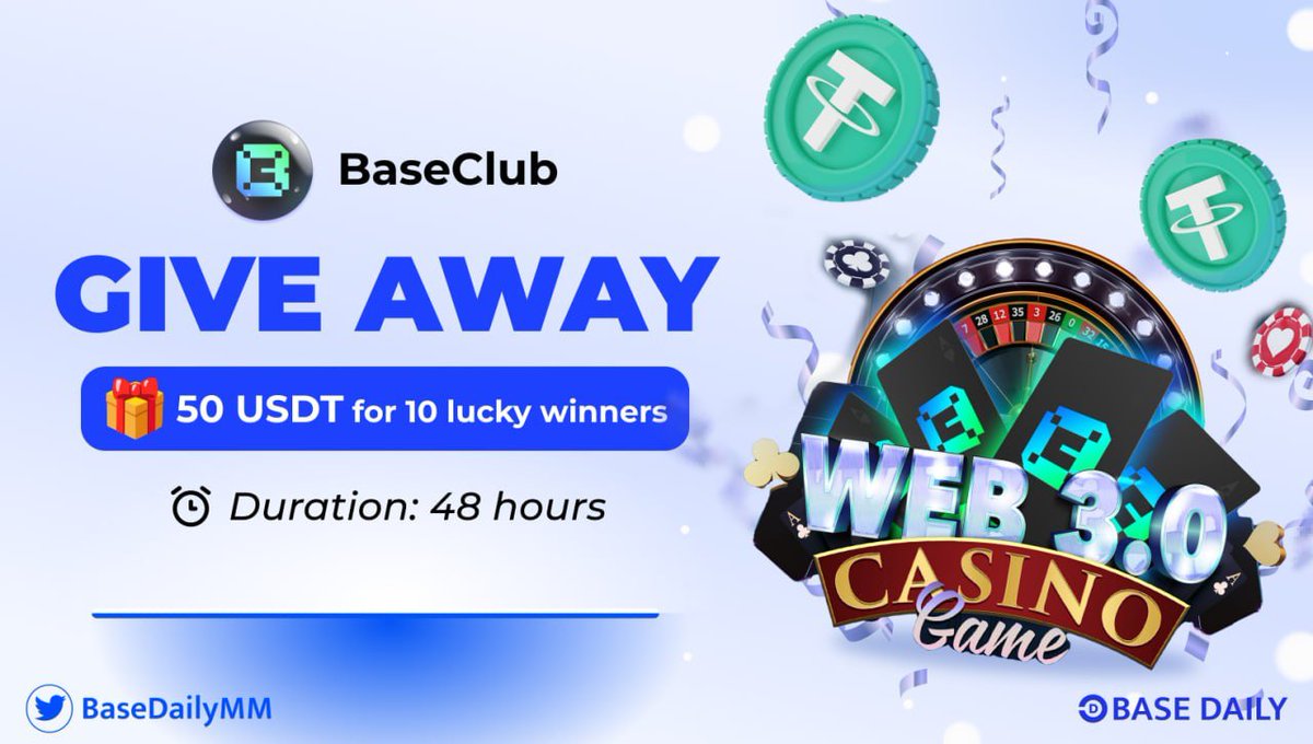 JuliaFurquim's tweet photo. 📢 GIVEAWAY

🎁 50 USDT for 10 lucky winners
⏰ Duration: 48 hours

1️⃣ Follow @BaseDailyMM + @BaseClubGames
2️⃣ Like, Retweet and Tag 3+ friends 
3️⃣ Join: https://t.co/oBeFCLpLBQ
4️⃣ Comment your wallet below 👇

#BuildOnBase #Giveaways https://t.co/wvePnG5mXk
