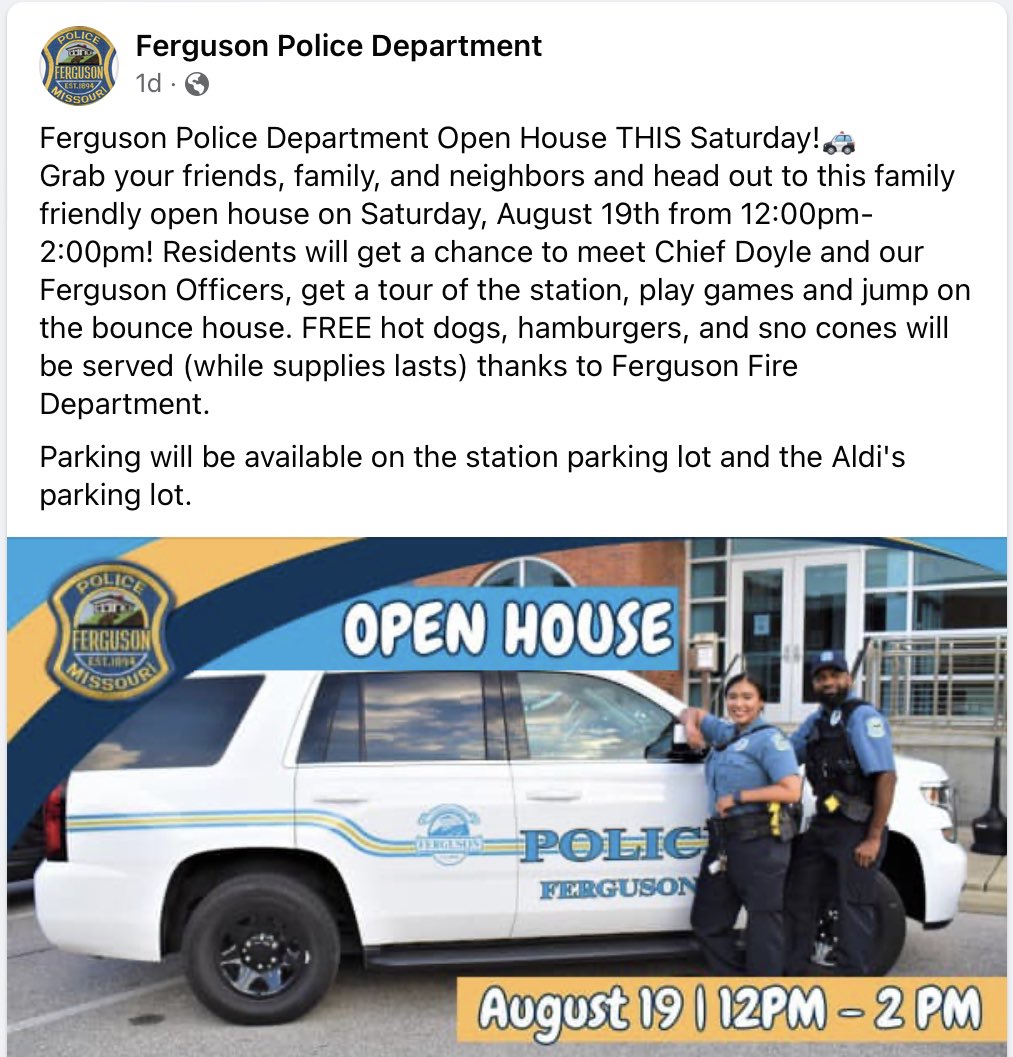 Your Ferguson Police Department invites you to join us today for a special meet & greet, plus a behind-the-scenes tour of our station. Come meet the team dedicated to keeping our community safe. Refreshments will be served, smiles guaranteed! #CommunityTogether 🚓