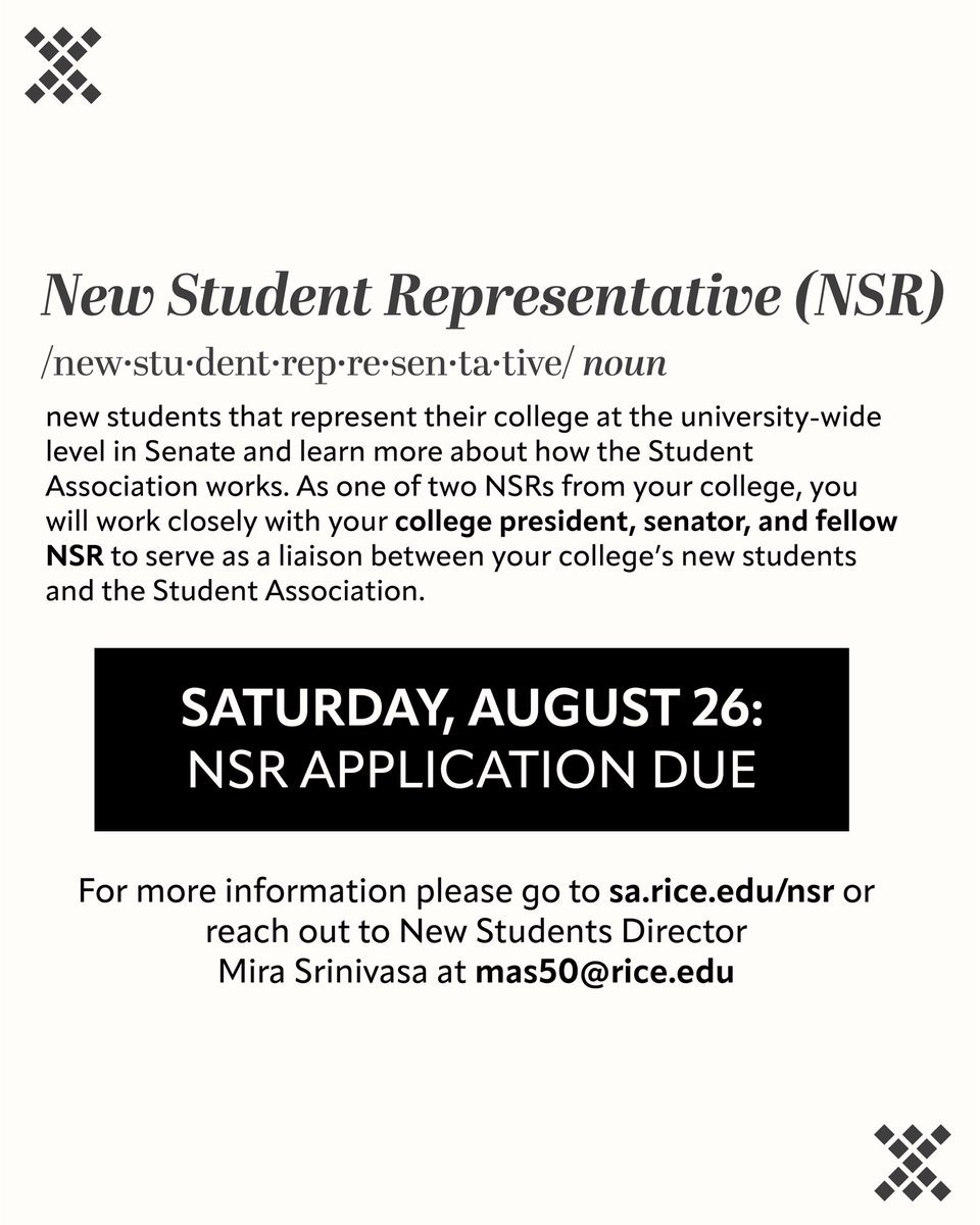 TheRiceStudents's tweet photo. !!!NEW STUDENTS!!! Are you interested in student government or wanting to get involved on a campus-wide level? Apply to be one of your college’s New Student Representatives!

Deadline to apply is Saturday, April 26 @ 12 PM

https://t.co/T1yWxjgfl9 https://t.co/KRL5CRsfyD