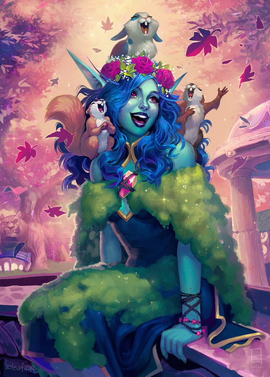 The first card illustration I ever painted for Hearthstone, Fairy Tale Caroler, is finally announced for 27.2. 😊 It was originally intended for the music festival theme, hence the singing, but things get yoinked for balance.

© Blizzard Entertainment <a href="/PlayHearthstone/">Hearthstone</a>
