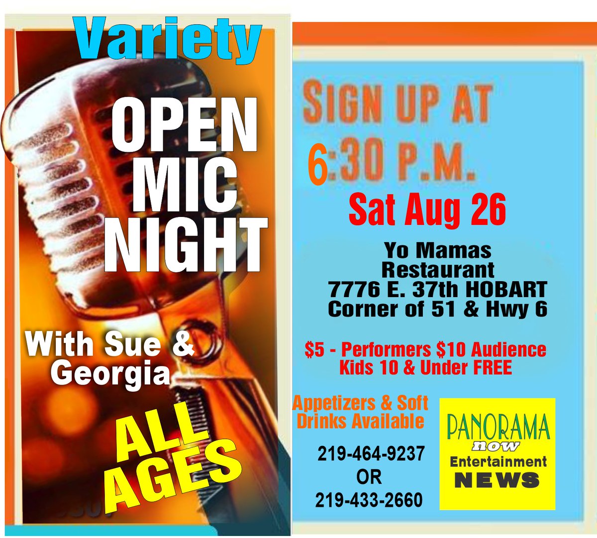 All Ages Variety Open Mic is Sat. Aug 26 at Yo Mama's #OpenMic #OpenStage #Comedy #Poetry #SpokenWord #SingerSongWriter #Hobart #HobartIndiana #NwiOpenMic #Clowns #StandUpComedy #Comedians #PoetrySlam #Storytelling