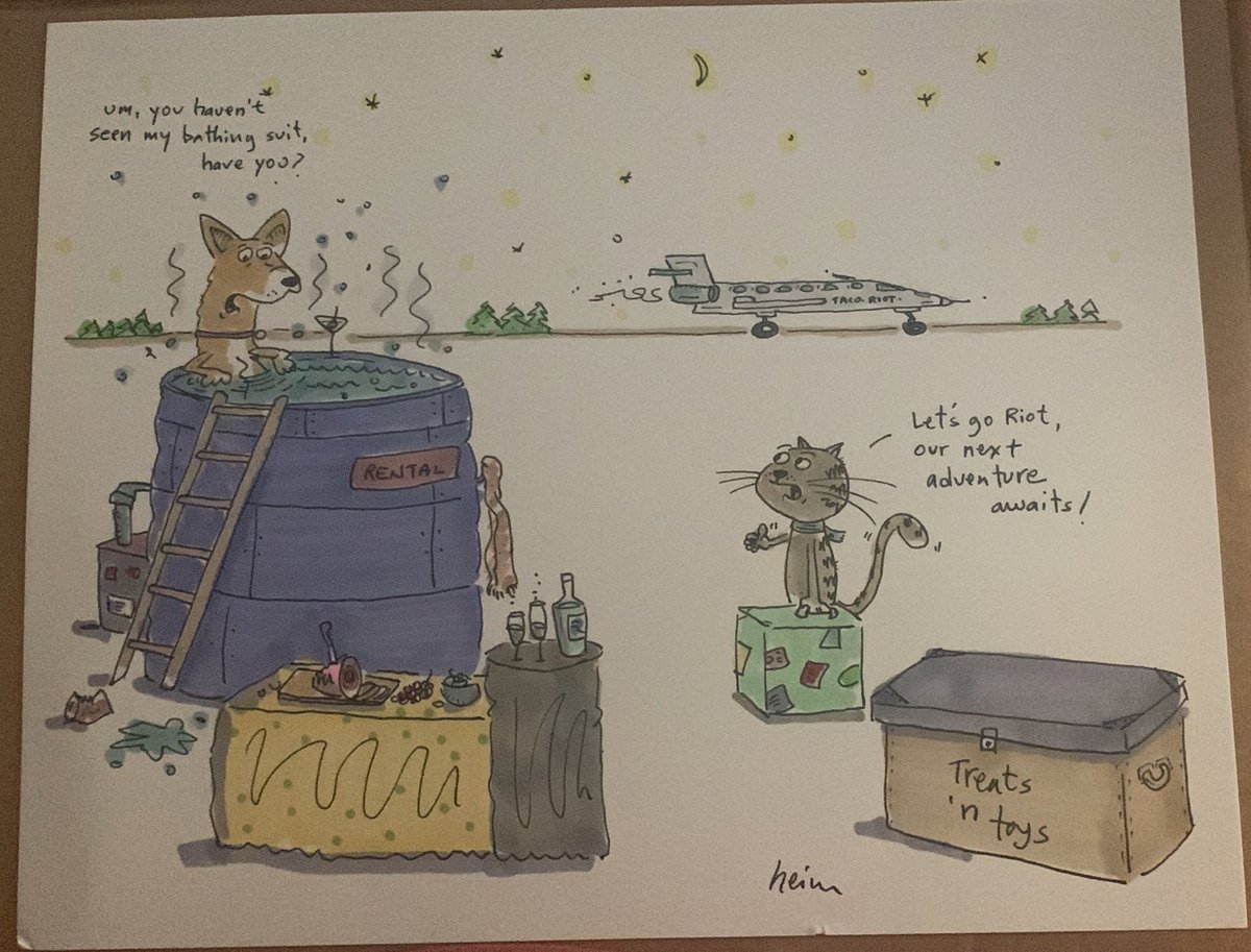 So excited that I got my artwork from <a href="/JohnHeim/">Art by Heim (Johnny)</a>. I think he captured me and my bff <a href="/RiotDogChicago/">Riot and Ralph’s Room</a> really well. Ummm, @berlinoise_liz we are still borrowing your jet. We may have put our names on it? 😸
