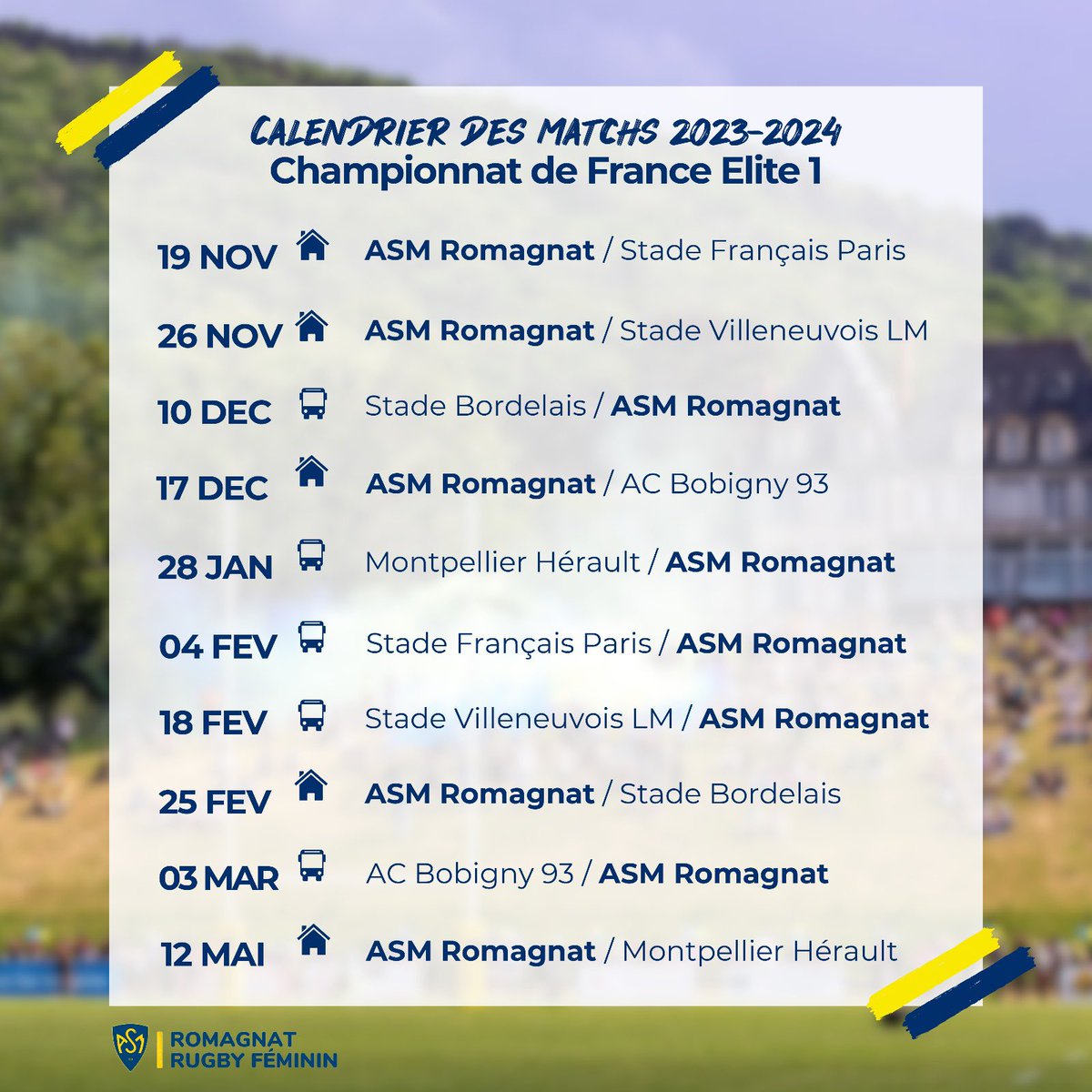 🗓️ 𝗔 𝘃𝗼𝘀 𝗮𝗴𝗲𝗻𝗱𝗮𝘀 🤩Nos joueuses ont hâte de vous retrouver à Romagnat pour cette nouvelle saison 2023-2024 💛💙 Nos Jaunes et Bleues seront de retour à partir du 24 septembre en match de Coupe de France, elles vous attendent nombreux #asmromagnat #asmomnisports