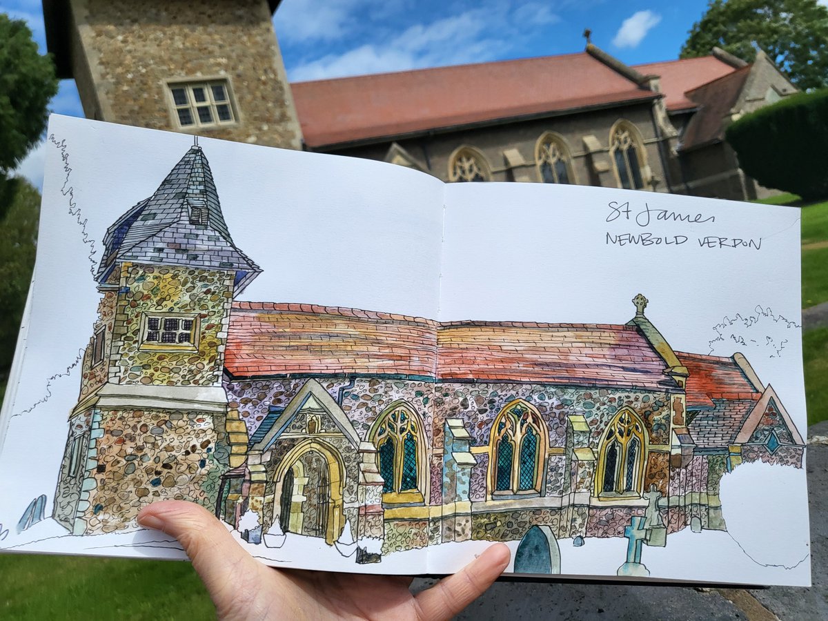 #stjames in #newboldverdon #leicestershire in sunshine and gusty wind with the glorious scents and sounds of the farm next door.  A refreshing drawing location!  Blew away some cobwebs! The hat-like roof on the left side is a lovely feature and apparently Victorian. #leicscofe
