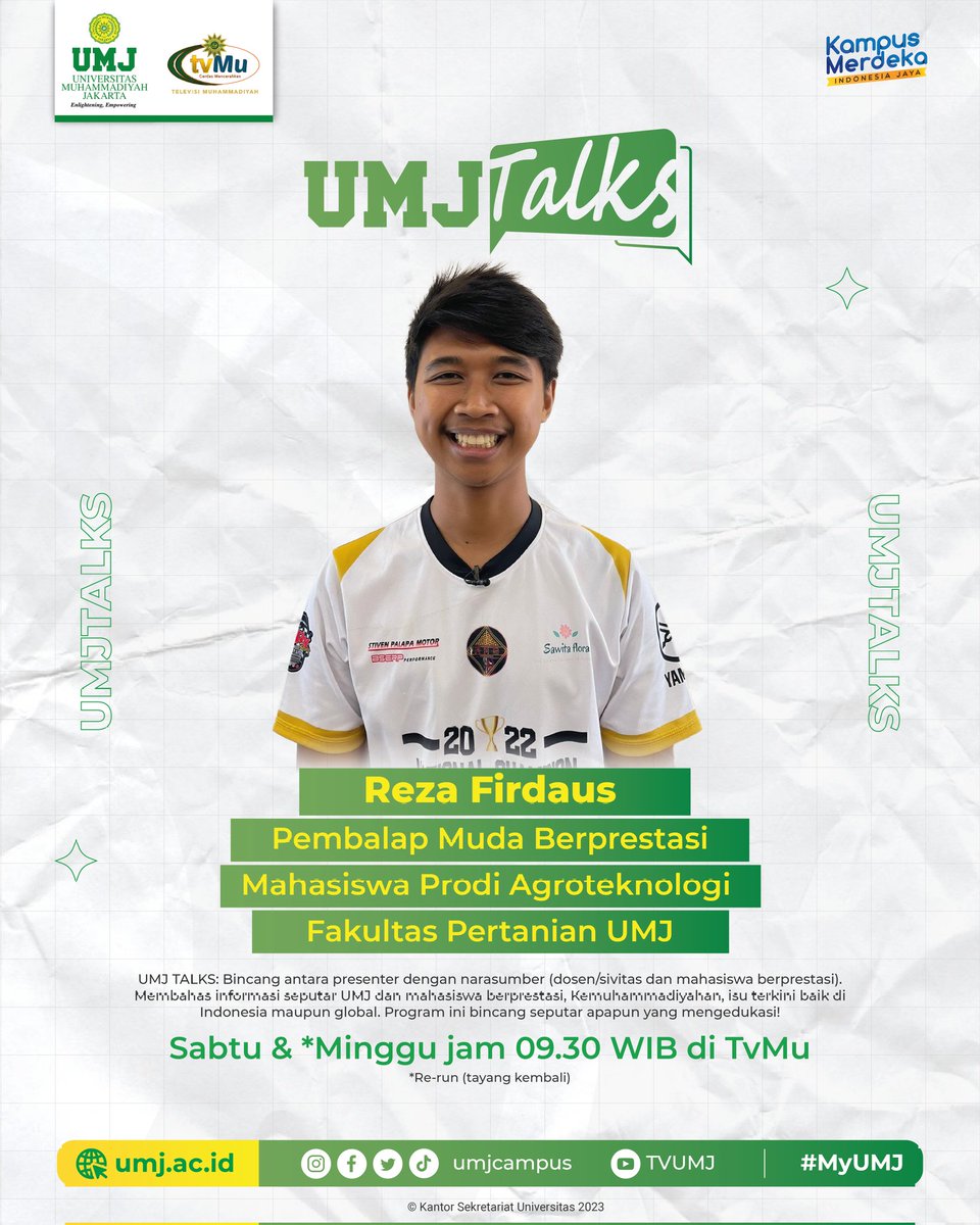 Hai Generasi Unggul 👋
.
Besok masih tayang nih, Yuk, saksikan UMJ Talks, berbincang dengan Reza Firdaus mahasiswa berasal dari Prodi Agroteknologi Universitas Muhammadiyah Jakarta Pembalap Muda Berprestasi
.
#Muhammadiyah #UMJunggul  #MyUMJ