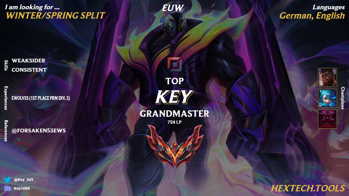 While still in talks with <a href="/eWolvesDE/">eWolves</a>, I will be exploring my options for the upcoming Winter and Spring Split.

Contact me through Twitter or Discord for more informations.

🔁&amp;🧡 much appreciated

lolpros: lolpros.gg/player/key
