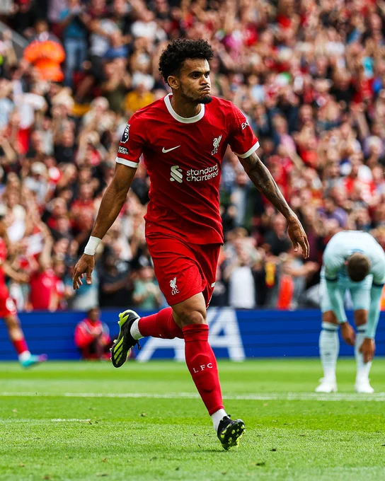 Luis Diaz celebrates scoring the equalising goal against AFC Bournemouth at Anfield.