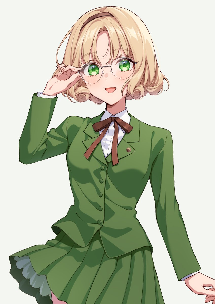 1girl solo skirt glasses green eyes blonde hair jacket  illustration images