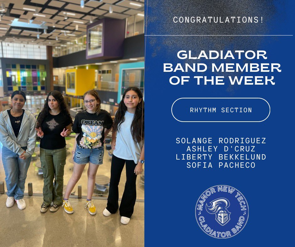 Congrats to our Gladiator Band Members of the Week! For the first time ever we are highlighting an entire section. This is our Rhythm Section of the Jazz Band which is a brand new course offered at MNTMS. These scholars have accomplished so much in one week!