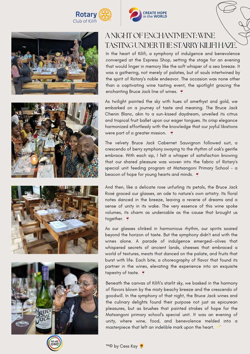 Drum rolls 🥁🥁 Drum rolls 🥁🥁

With us is a writer extraordinaire, Rotaractor Cess Kariuki.
She recounts the wine tasting event with such meticulous detail, a clear indication that it is indeed an event for the books. 
Raise a glass, to more successful fundraisings. 🥂 Tink!