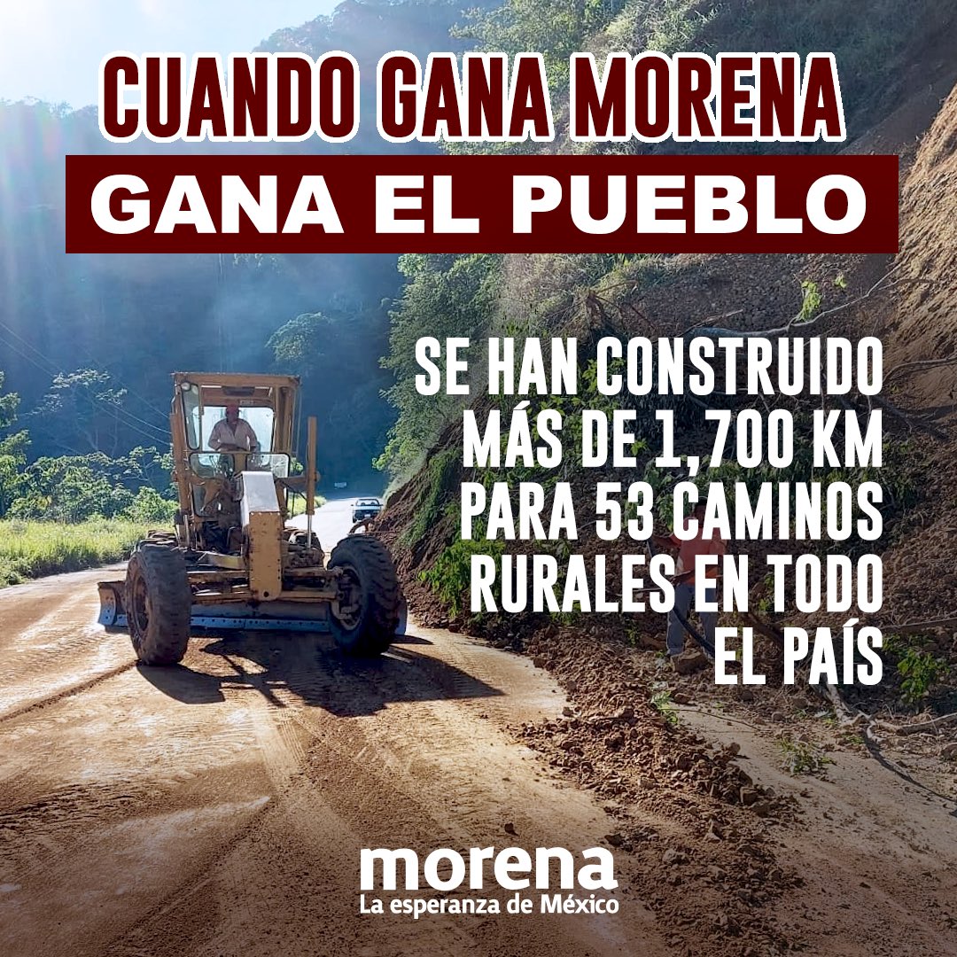 PartidoMorenaMx's tweet photo. La 4T llega a todos los rincones de México, incluso a los más alejados que habían sido abandonos por los gobiernos neoliberales.

Con Morena se han construido más de 1,700km para 53 caminos rurales a lo largo de todo el país. https://t.co/k2KNgpVK5S