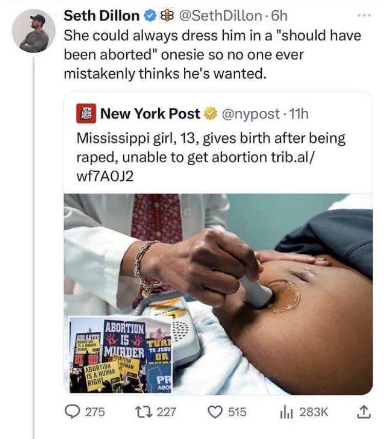 danthepan_'s tweet photo. @SethDillon your mom should have swallowed. Or douched. Or *gasp* aborted. There’s enough trash in this world already. https://t.co/nYGIkpm9Bp