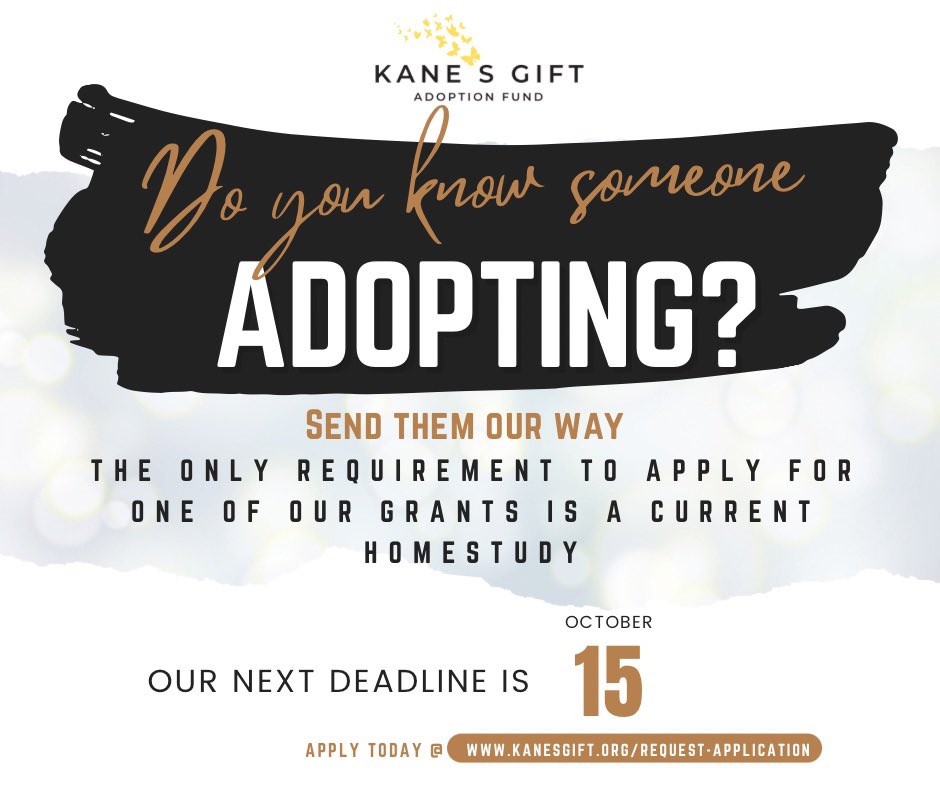The next deadline for applications will be here before we know it.  If you know someone adopting send them our way.   
kanesgift.org/request-applic…

#kanesgift #adoptiongrants #adoptionawareness #domesticadoption #internationaladoption #onechangeseverything