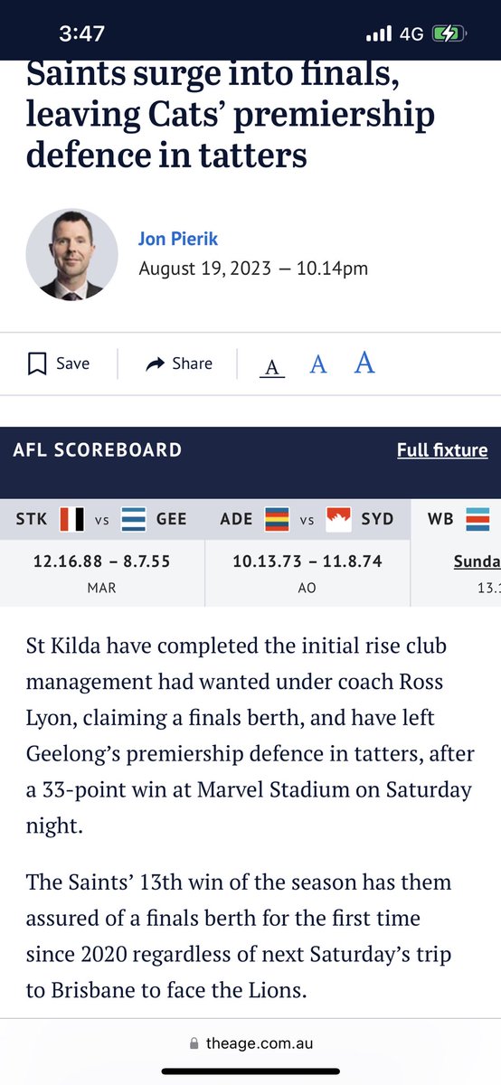 Such lazy journalism - saints can still finish 9th with wins to swans giants and dogs. It takes 2 minutes to check the ladder before writing 
#afl #aflsaintscats #saintsfooty