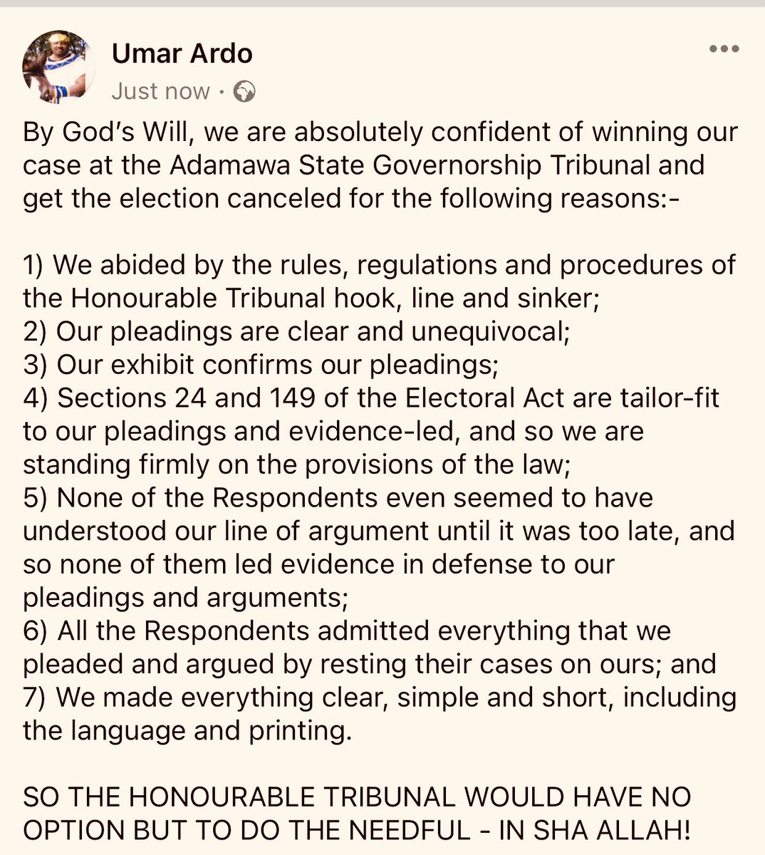 Our victory at the Governorship Election Tribunal will change the cause and course of history in Adamawa State for the better in the interest of our people. We therefore pray to God for victory!
