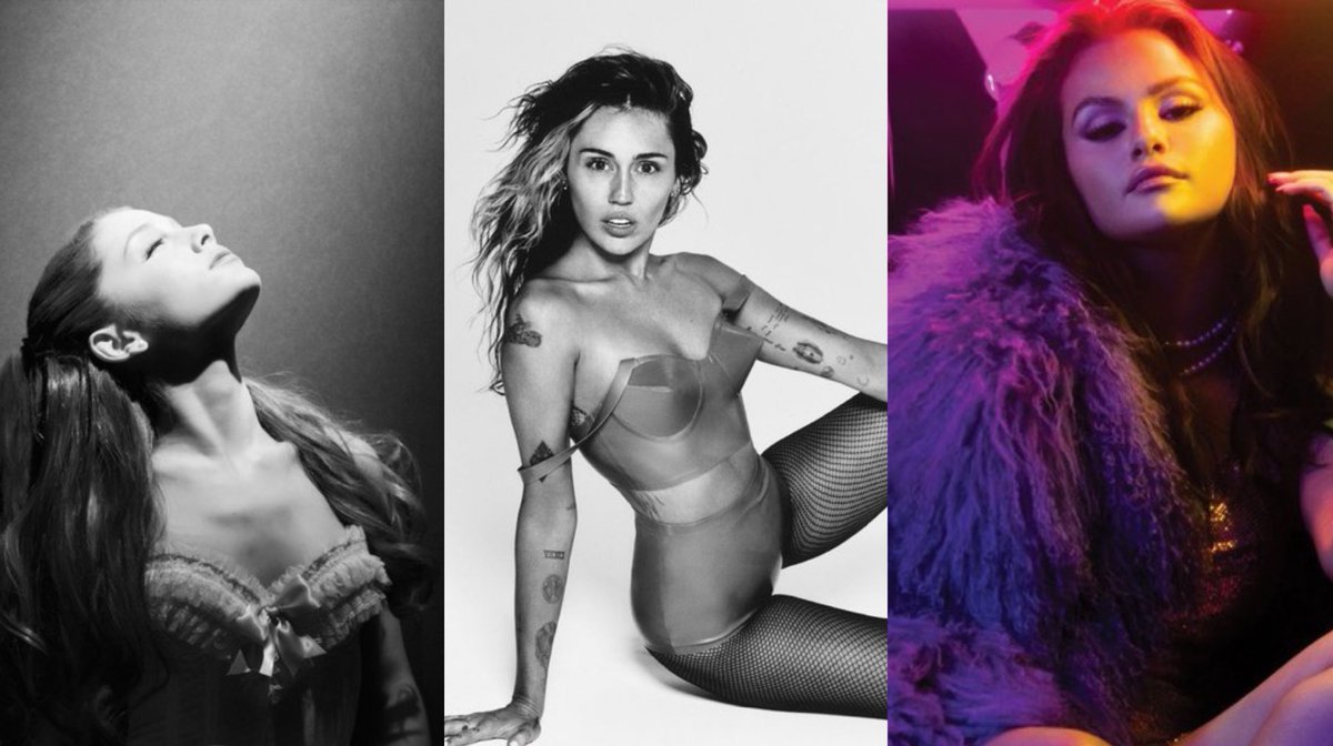PopBase's tweet photo. Ariana Grande, Selena Gomez and Miley Cyrus are all releasing next Friday, August 25th https://t.co/Ci9V9JuYNQ