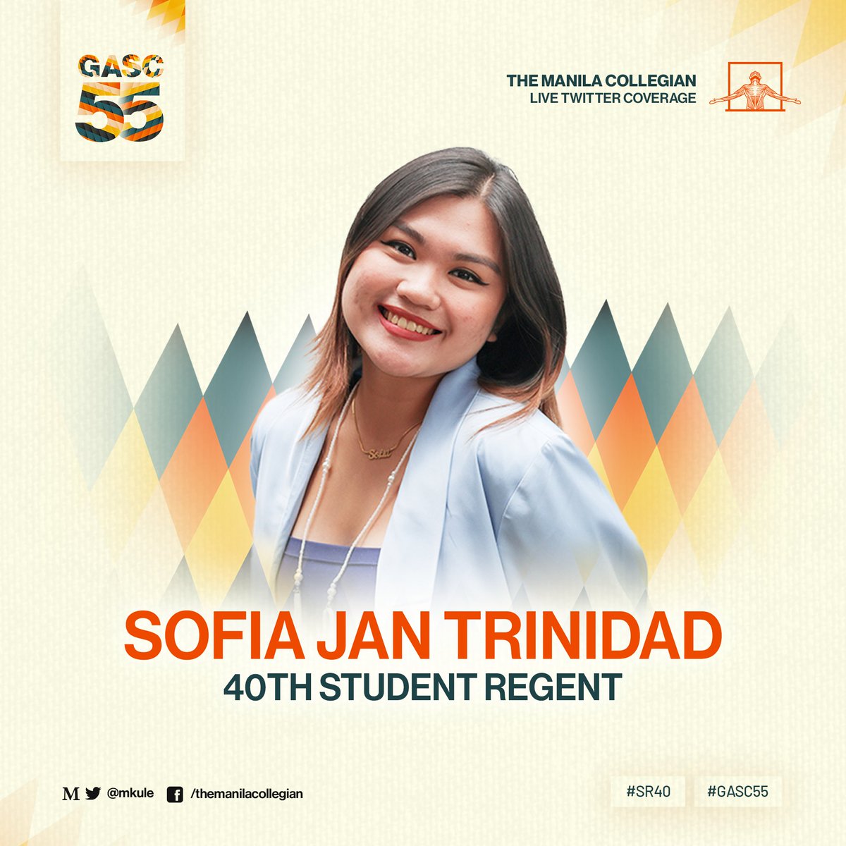 mkule's tweet image. BREAKING: Sofia Jan ‘Iya’ Trinidad of UP Baguio is the 40th Student Regent, the highest and the sole student representative in the Board of Regents (BOR) of the UP system.

#GASC55
#SR40