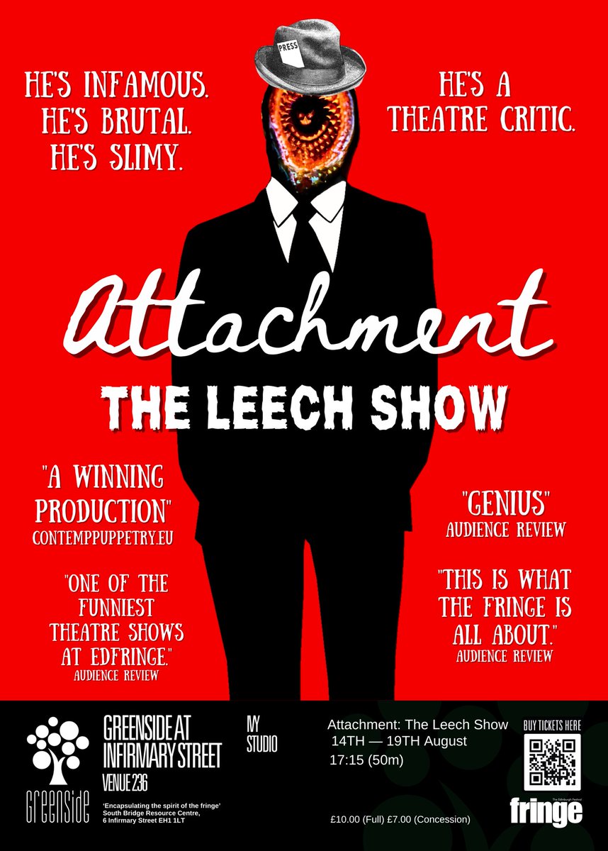 Just over an hour until our FINAL EVER PERFORMANCE of Attachment: The Leech Show ‼️‼️

Come meet Bob whilst you can 🩸🩸

#EdFringe #FillYerBoots #GreensideFamily