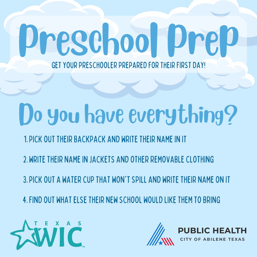 AbileneHealth's tweet image. Your little one might have already started school, but it's a good idea to double check and make sure they have everything they need! #preschoolprep #backtoschool #preschooler #abileneWIC #texasWIC #ATCPHD