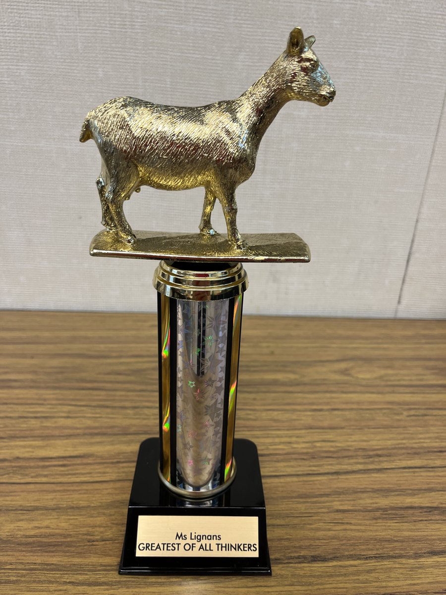 Each week we will have a GOAT in every class, GREATEST OF ALL THINKERS, who will get to keep the trophy on their desk. Also, their name will go on the wall under the goat pic. @pgliljedahl #buildingthinkingclassrooms #mtbos #iteachmath