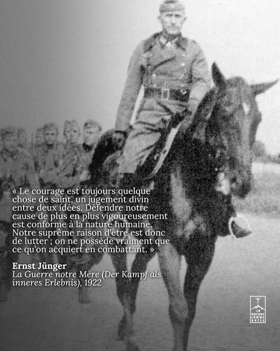 « [...] Notre suprême raison d’être est donc de lutter ; on ne possède vraiment que ce qu’on acquiert en combattant. »

✍️ Ernst Jünger
La Guerre notre Mère, 1922

——————

#ᛉLaNatureCommeSocleᛉ #LaNatureCommeSocle #Histoire #Littérature #Héritage #InstitutIliade #ErnstJünger