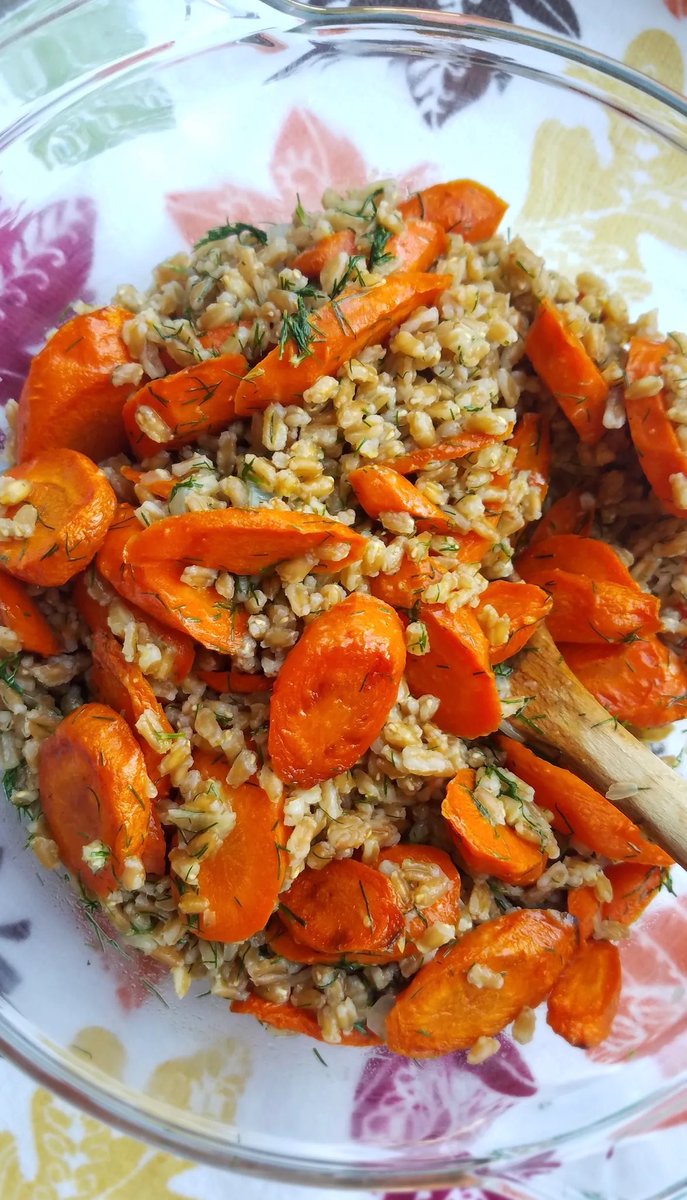 schmoozequeen's tweet photo. #Vegan Roasted Carrots &amp; Farro w/ Citrus, Ginger and Dill 
Slightly sweet from the #carrots herbaceous from the fresh #dill tangy from the #citrus a little spicy from the fresh #ginger savory #shallots and chewy #farro texture.
#VeganSides #Plantbased 
https://t.co/KBAG0N16cn https://t.co/XLy4JXy9pR