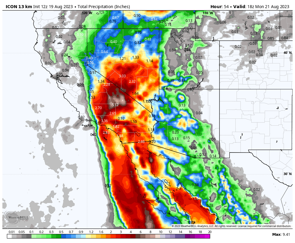 realwxforecast's tweet photo. Quick Saturday Morning Update - By now, the media, @NWSLosAngeles , @NWSSanDiego has informed most people that the @NHC_Pacific has shifted the path of #Hilary a tad eastward. What this means is, and I have been saying this for last few days on this thread, is the main impact of #Hilary will be felt east of the MAJOR MOUNTAIN ranges - @SanBernardinoNF @MtBaldyResort, etc eastward into the deserts and into Nevada. She has accelerated, so this impact will start to be felt later today into tonight, but should be out of the SoCal area by Monday am. 

I have put the totals of the GEFS down on the images below for rain, wind speeds as well and added the ICON map.

Folks - The models are all over the place with rain totals. West of the MAJOR mountains will get a good amount of rain, but the winds will be far less, than on the eastside of the major mountains. The eastward movement of #Hilary will also bring the major mountains copious amounts of rain due to the orographic lifting

The @NHC_Pacific  will release an update later this morning on the path of , so will give everyone a mid-day update. For now, if you west of the major mountain ranges in SoCal and the Southwest, you will have less winds to deal with and maybe lower rain totals.

Again, subject to change. Next update will be around noon time!

Stay Safe!

@RickDickertWX @AlexBistonTV @tvdave @kcalnews @bensweather @JimCantore @SoCalWXwatcher @BrookeMartell @bensweather @805Weather @CAStormLover @cartermurphy218 @ReedTimmerAccu