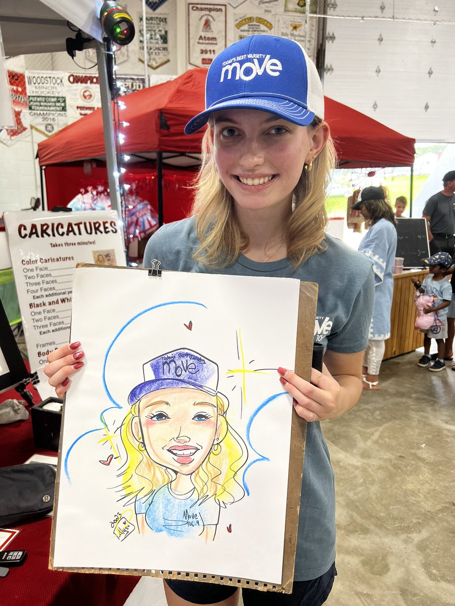 Move1069's tweet photo. Check out this super fun caricature I got done today at Festival on the Bend here in Nackawic! 👏🎨

I’ve been having a blast listening to live music 🎶, checking out the amazing vendors 👩‍🎨, watching axe throwing 🪓, and more!

-Rebecca
#move1069 #summersquad #caricature https://t.co/OODQ4Y9VDu
