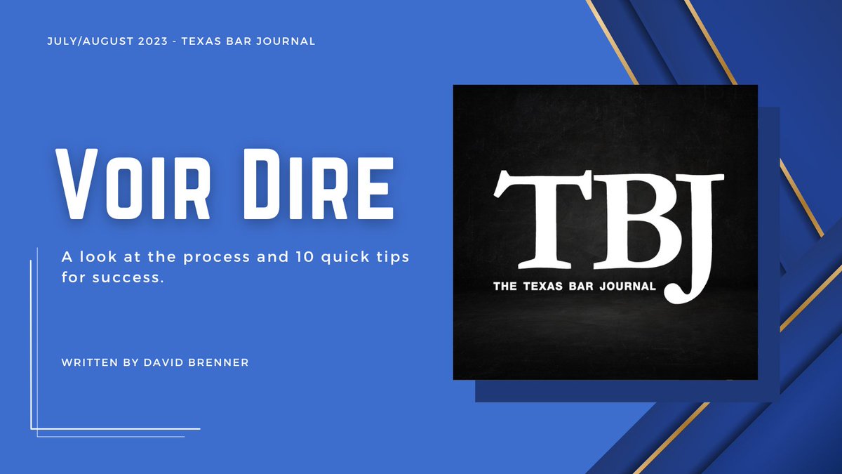 statebaroftexas's tweet photo. In the latest Texas Bar Journal, David Brenner, partner in Burns Anderson Jury &amp; Brenner, looks at the process of voir dire and shares 10 quick tips for success. https://t.co/t4wpPp6URI

#voirdire #TexasBarJournal #lawyers https://t.co/3sUwN0S5DO