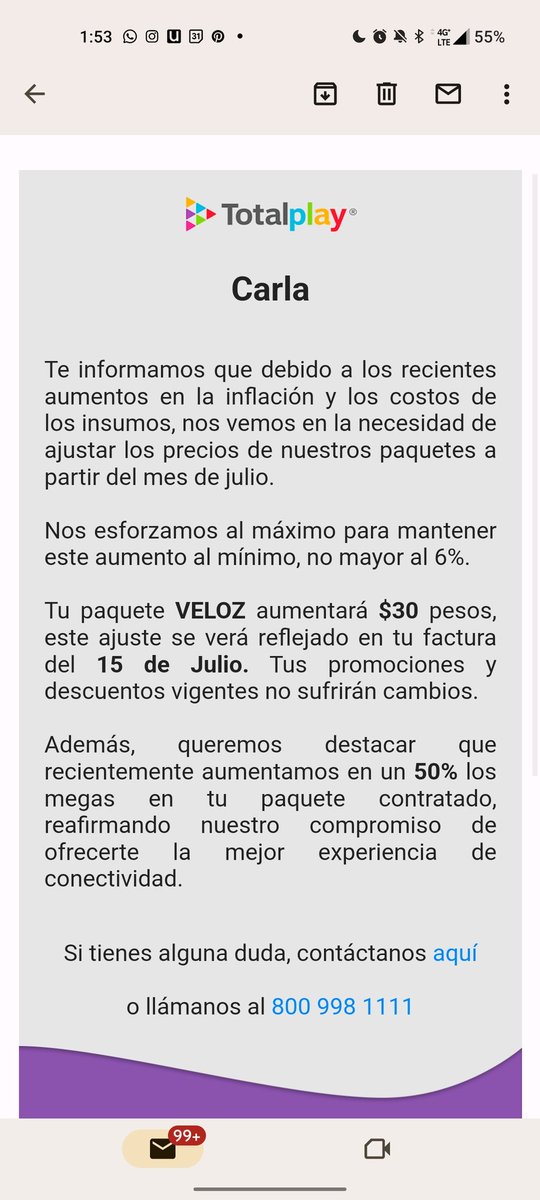 carlamanbus's tweet photo. @totalplaymx @TotalplayAyuda 
Contraté su servicio de internet en mayo, al segundo mes el monto por el que contraté el servicio lo incrementaron, estoy en el tercer mes y ya son 100 pesos más. Que es este abuso al consumidor, exijo se respete mi contrato! @Profeco https://t.co/Hwc8Lipz3s