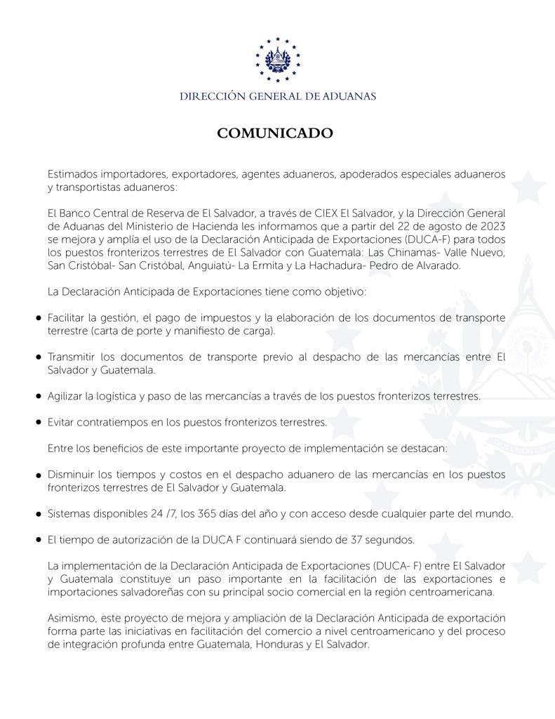 aduanas_SV's tweet photo. Informamos a importadores, exportadores, agentes aduaneros y transportistas aduaneros, que a partir del 22 de agosto se ampliará el uso de la Declaración Anticipada para todos los puestos fronterizos terrestres de El Salvador 🇸🇻 con Guatemala 🇬🇹.

Más información ⬇️ https://t.co/wbWuIDa9kM