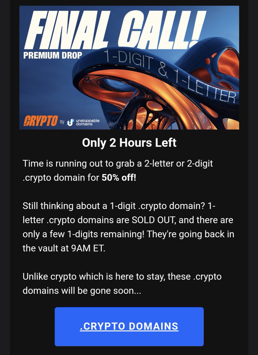 If #ENS dropped 1 or 2 character #domains? They would be sold out in an hour.

Here is #UD struggling to sell 1 digit domains after a week!!! <a href="/matthewegould/">matt.crypto | matt.pudgy | matt.sonic</a> &amp; <a href="/sandy_carter/">Sandy.agi; gm.Brave</a> ur #UDScam is starting to collapse &amp; it's sad to watch.

<a href="/ChessurNFT/">chessur.x | .eth</a> maybe u can grab something for .015eth