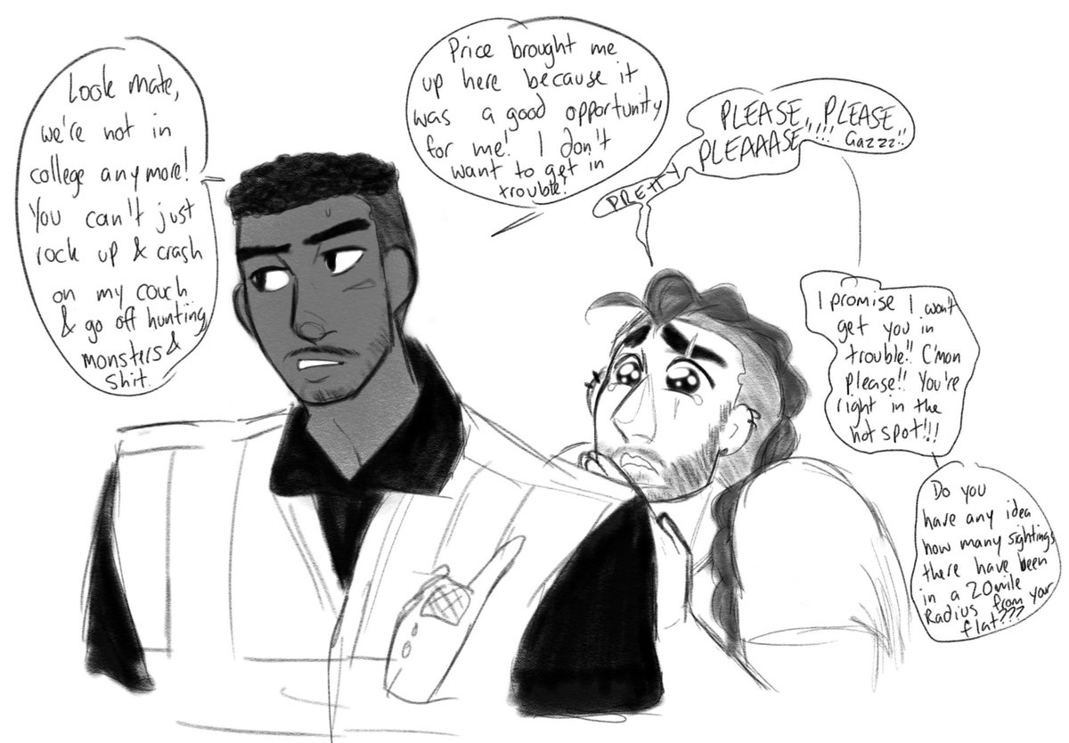 hurraaid's tweet photo. some more Cryptid hunter au. Gaz letting Soap stay with him and watching him chase after the mystery cryptid in the Woods is great. Because Price literally moved him up to help deal with Roach &amp; he can't tell Soap anything https://t.co/BBaY5E7ldK
