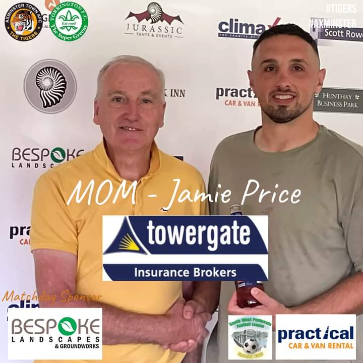 Axminstertownfc's tweet photo. MOM for today's win, was our captain Jamie Price, chosen by match sponsor Bespoke Landscapes, and presented by Les Bounds.  Jamie is sponsored by Towergate Insurance. Thank you to our sponsors for your support.
#Tigers 🐅#Axminster 🧡#COYTIgers ⚽️ https://t.co/GIDkFy0NPN