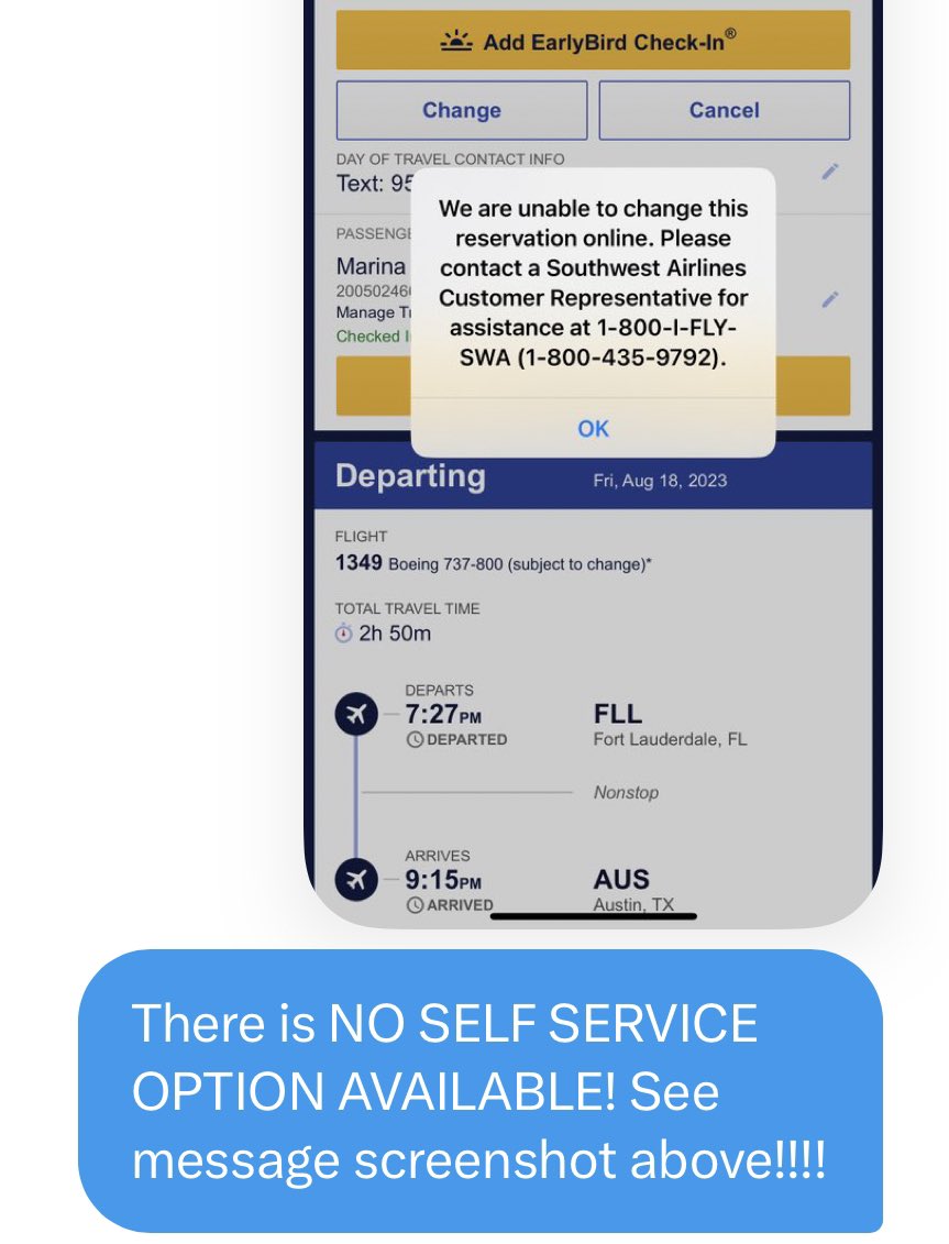 MarinaFayer's tweet photo. Shame on @SouthwestAir - you say there’s a self-service and the site just routes us to call and no one answers! @BooSouthWorst https://t.co/noFHQ5jPNH