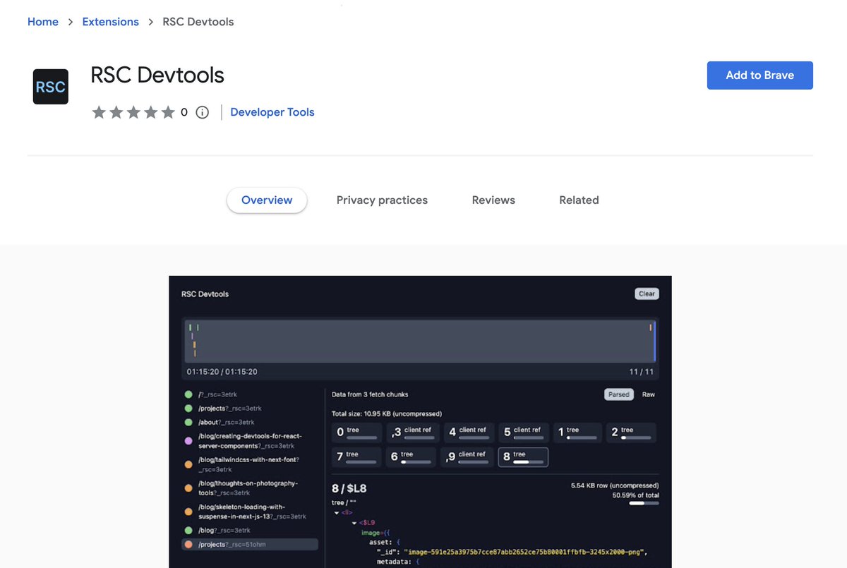 The RSC Devtools extension is now published! 🎉Didn't get an email when it got approved so I missed the release date. But now anyone can try it.

Try it out and tell me what you think in the replies or on GitHub!

chrome.google.com/webstore/detai…