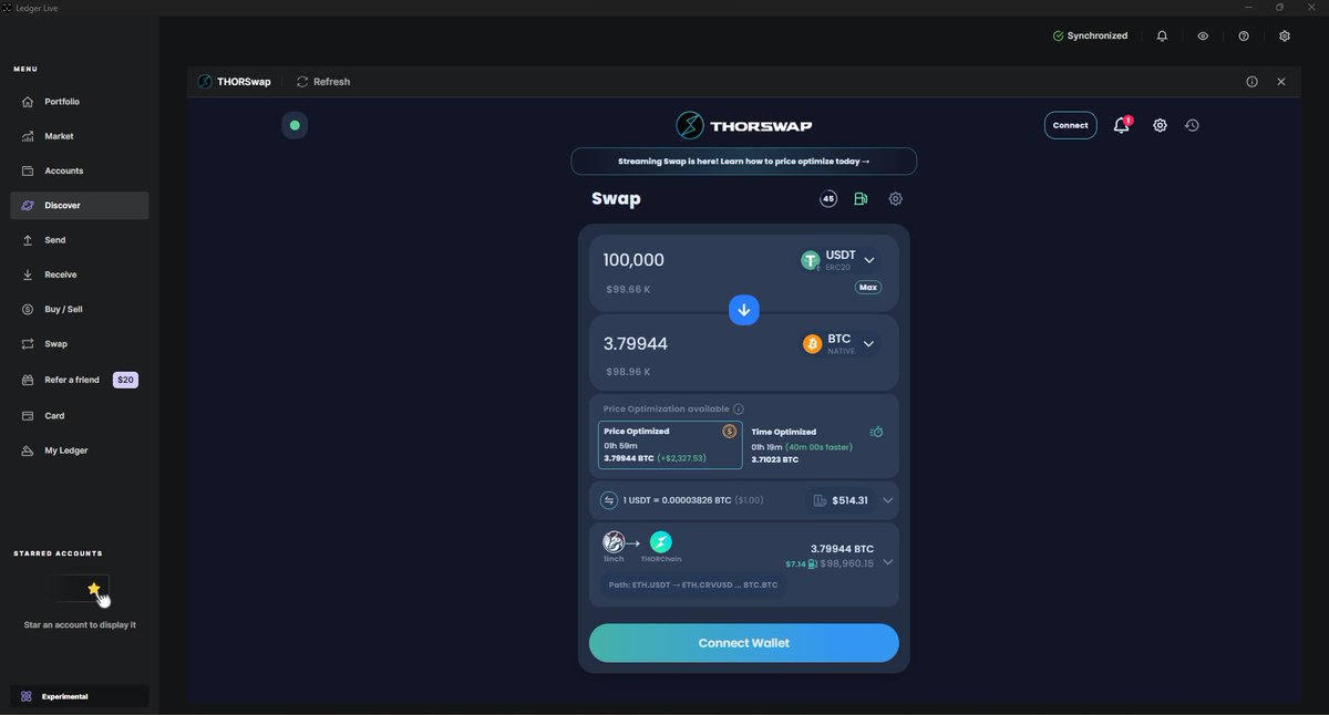 Jatinkkalra's tweet photo. You have $USDT in your @Ledger hardware wallet, and want to buy $BTC with it.

-> You open Ledger Live > Go to the Discover Tab > Type THORSwap
-> Enter the USDT amount.
-> Check the BTC output amount and confirm the transaction.

You just bought $BTC without moving funds out of your Ledger, and at better rates than many CEXes.

Streaming Swaps, working seamlessly.