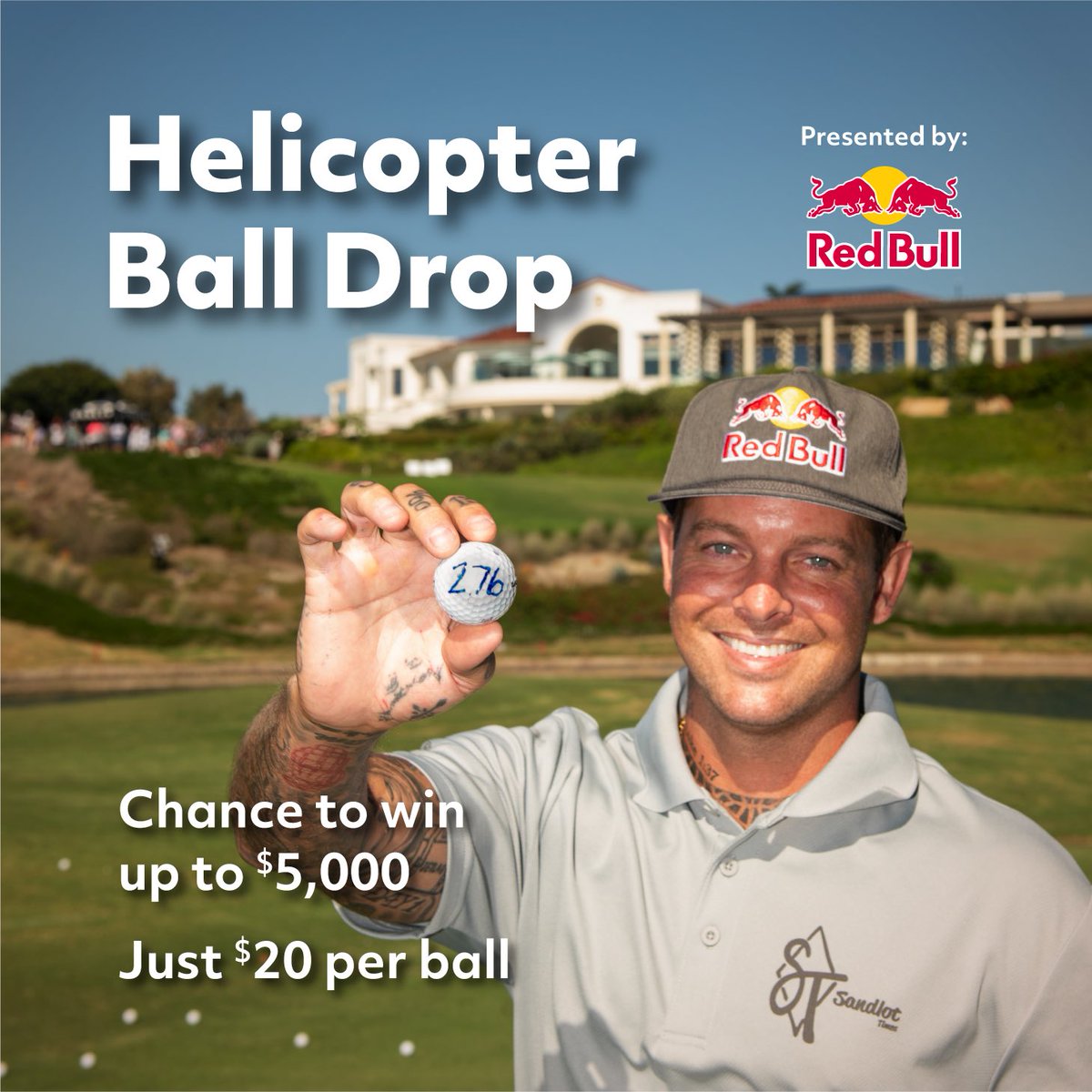 Donate $20 for the <a href="/redbull/">Red Bull</a> Helicopter Golf Ball Drop and you will be entered to win up to $5,000 WITHOUT being there! 

The more you enter the better your chances are! donate.shecklerfoundation.org/products/enter…