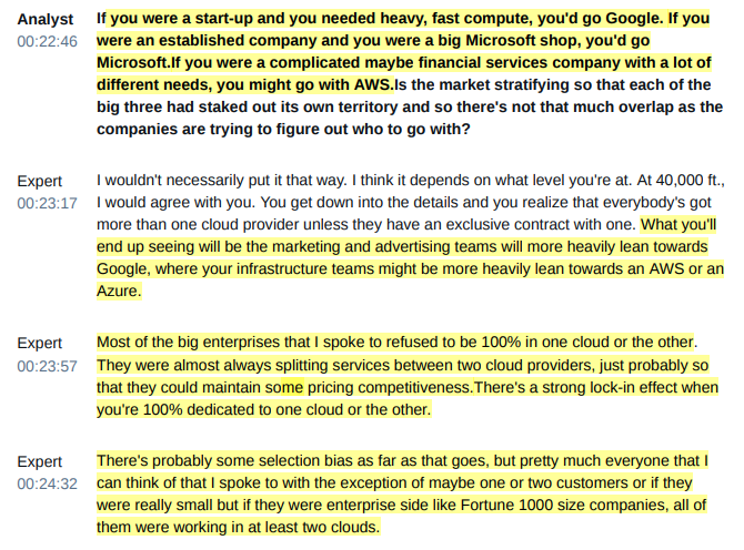 RihardJarc's tweet photo. One of the most insightful interviews on the cloud industry from an industry expert director/cloud consultant:

- Clients pick AWS because they have the biggest “menu” and you can basically solve any problem you have on AWS.

- In his view, Azure is not necessarily the fastest for straight infrastructure, but if you need to manage an Active Directory, $MSFT is your place to go.

- GCP is the fastest in terms of infrastructure. It is set for burst-y type of workloads. If you need scale in a matter of seconds, $GOOGL is the place for you.

- The reason for you to use $ORCL cloud is mostly if you have an $ORCL database which is notoriously difficult to run in the cloud.

- The advantage of Big Tech processors CPUs is mostly in price-performance as they consume much less electricity and are cheaper because they skip $AMD, $INTC and go straight to the foundry. (with ARM design). The expert estimates it is similar with AI/ML types of chips which are now getting ramped up by $GOOGL and $AMZN.

- All Fortune 1000 size companies have at least 2 cloud providers as they want competitive pricing and less of a “lock up”.

- User-facing apps like Office or Gdocs is not really the main driver of why client choose a cloud provider. It’s more about whether you use $MSFT SQL servers, .NET, C# (you would prefer Azure), whereas is with Linux, Ruby, AJAX, JavaScript, Node.js, you would maybe prefer AWS or GCP.