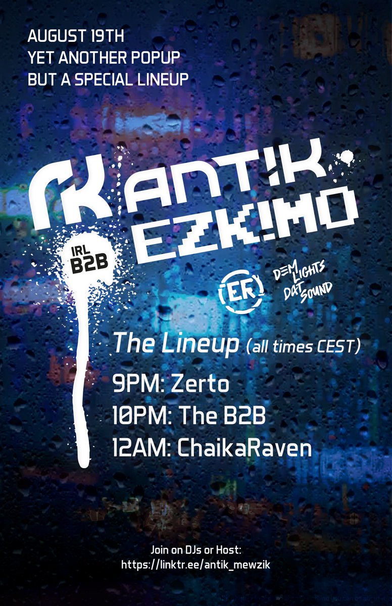 Popup, But a Special Lineup 

<a href="/antik/">Hans Dötsch</a> and <a href="/EZKIMO_NL/">EZKIMO_NL</a> are throwing down an IRL B2B session and are inviting friends over to play with us!

👉Lineup: (UTC+2)
21:00 @Zertomio_vrc 
22:00 <a href="/antik/">Hans Dötsch</a> B2B <a href="/EZKIMO_NL/">EZKIMO_NL</a> 
00:00 <a href="/ChaikaRaven/">Chaika</a>  

Join on DJs or Host👇vrchat.com/home/user/usr_…

#VRChat